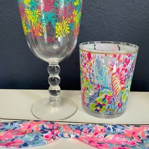 Lilly Pulitzer headband wine glass and cocktail cup in coco coral crab beach